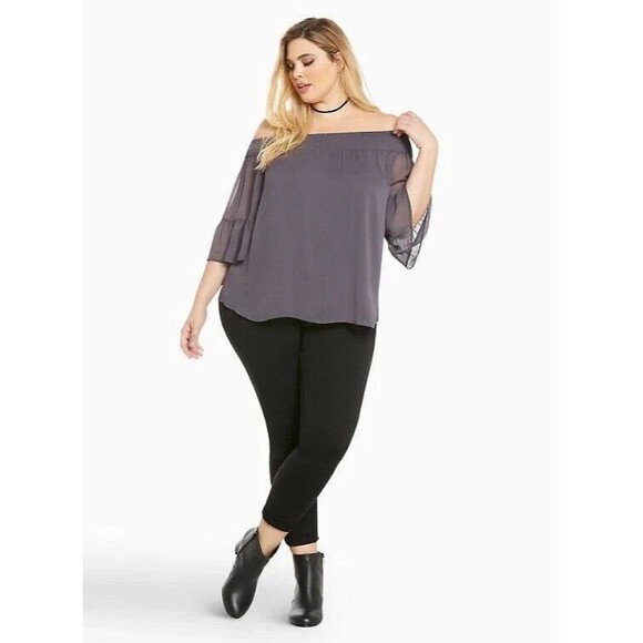 NWT Torrid 4X/26 Plus Size Off-Shoulder Smocked Chiffon Bell Sleeve Top - Picture 2 of 5